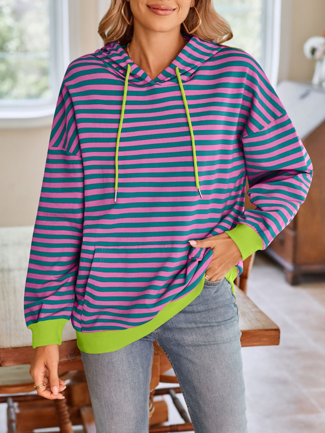 Lovelet Drawstring Striped Long Sleeve Hoodie - aurelia-clothing-8955