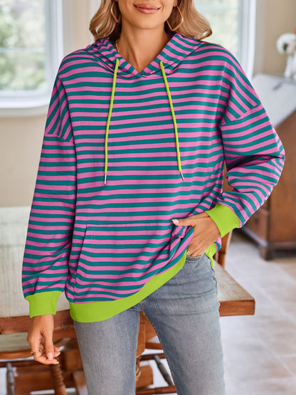 Lovelet Drawstring Striped Long Sleeve Hoodie - aurelia-clothing-8955
