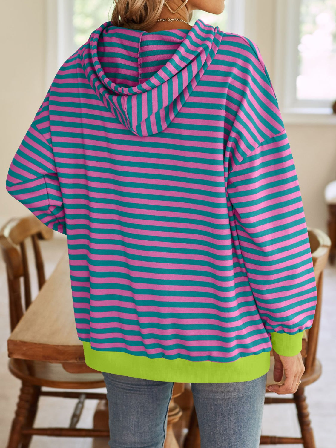 Lovelet Drawstring Striped Long Sleeve Hoodie - aurelia-clothing-8955