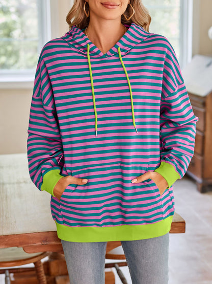 Lovelet Drawstring Striped Long Sleeve Hoodie - aurelia-clothing-8955