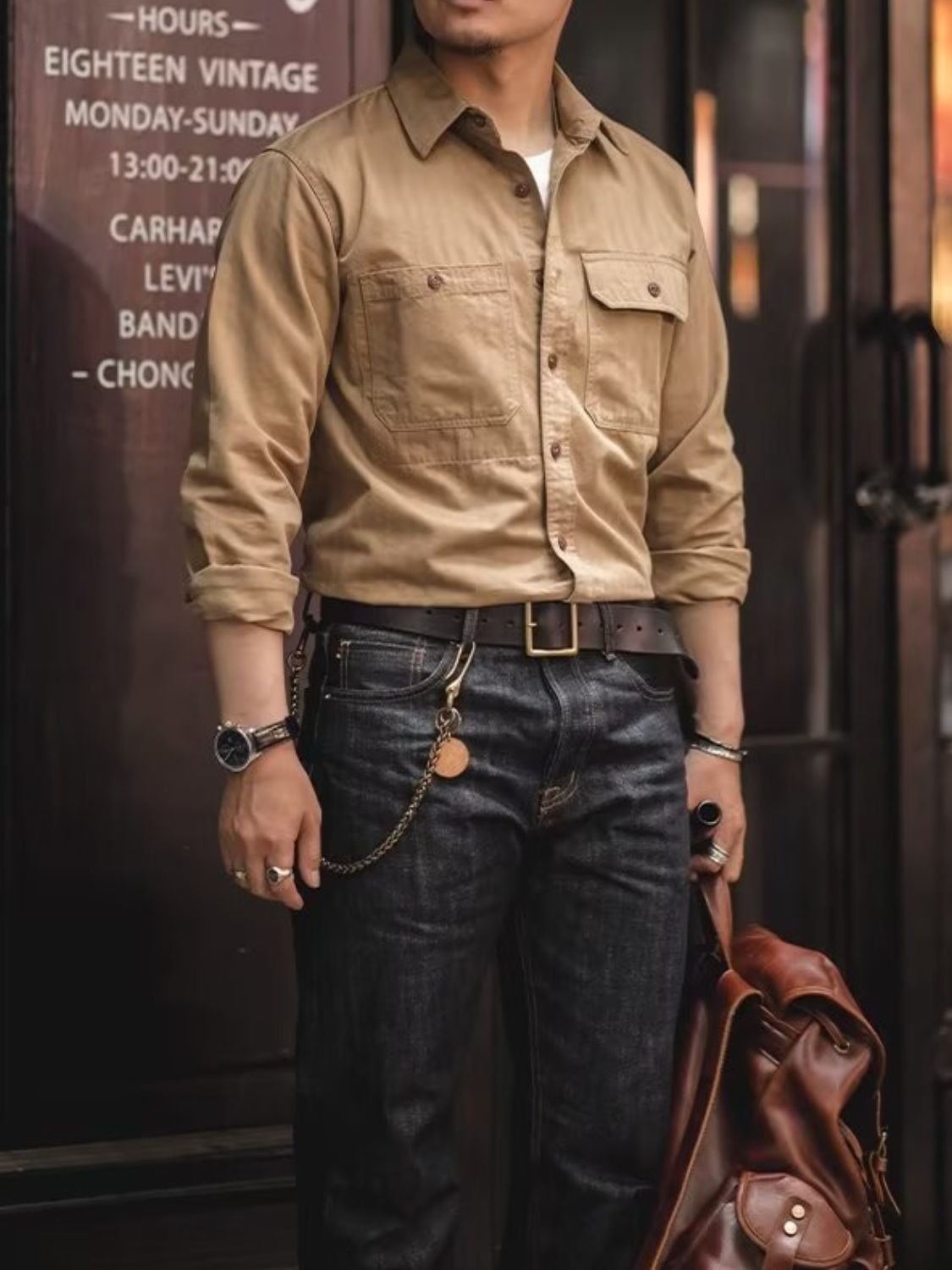 Mens Button Down Long Sleeve Shirt with Chest Pockets - aurelia-clothing-8955