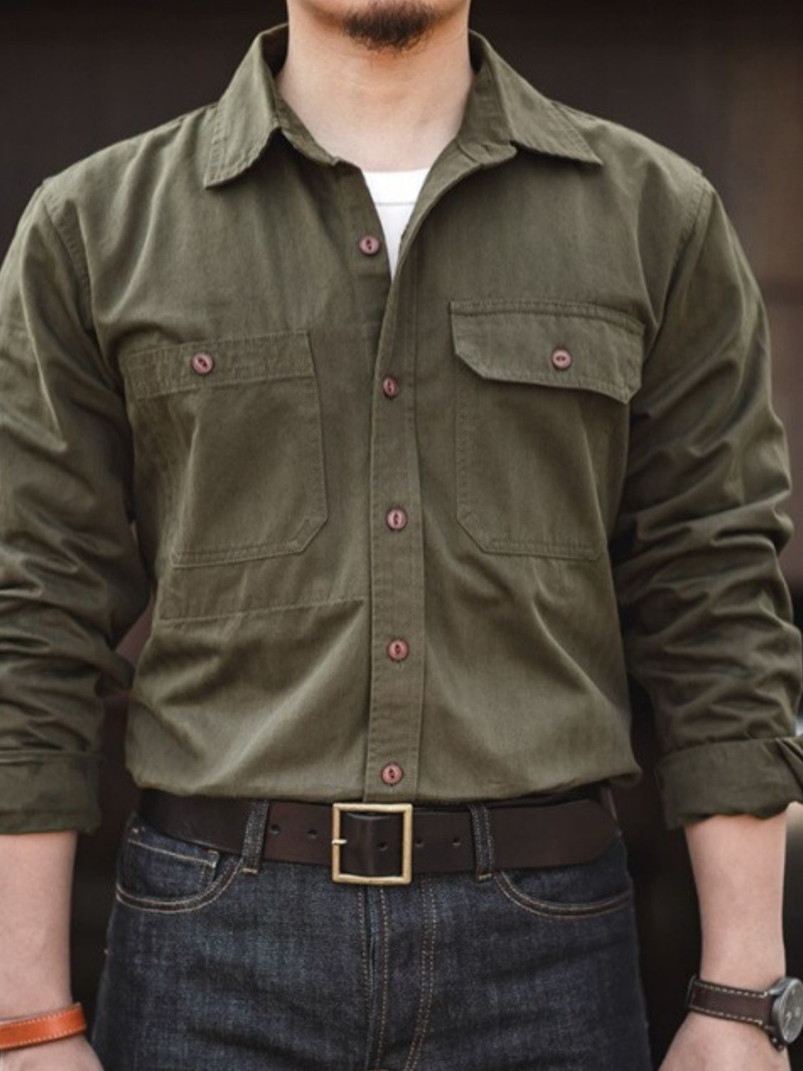 Mens Button Down Long Sleeve Shirt with Chest Pockets - aurelia-clothing-8955