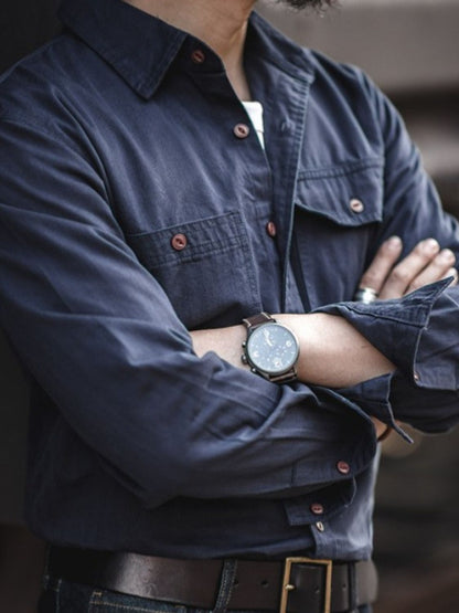 Mens Button Down Long Sleeve Shirt with Chest Pockets - aurelia-clothing-8955