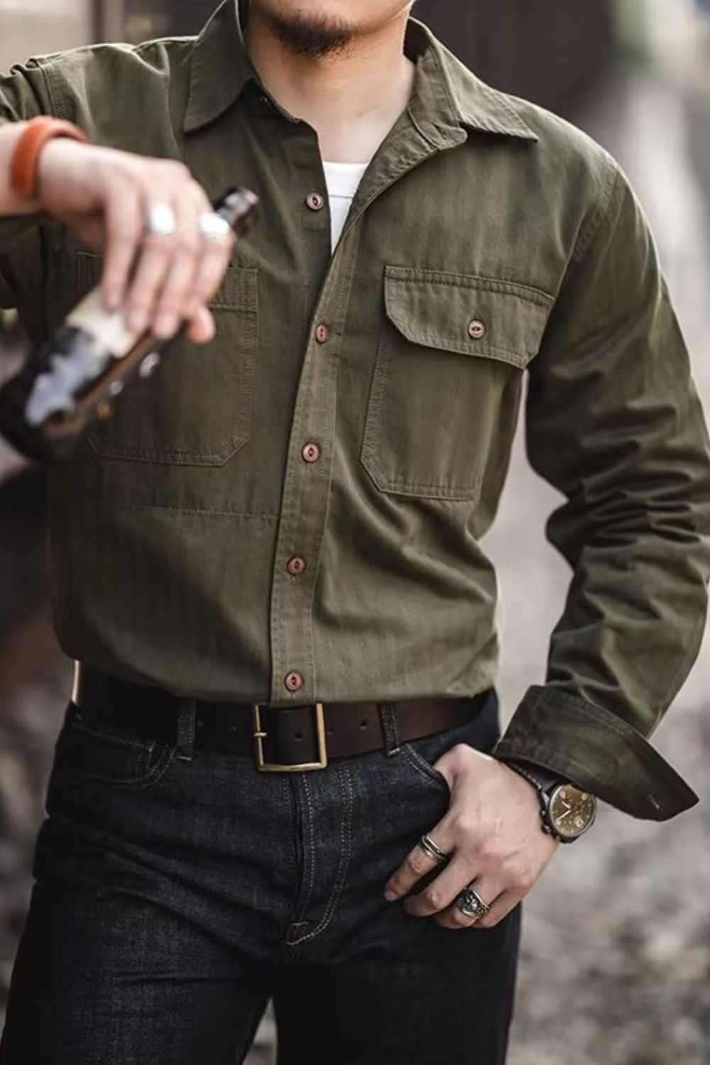 Mens Button Down Long Sleeve Shirt with Chest Pockets - aurelia-clothing-8955