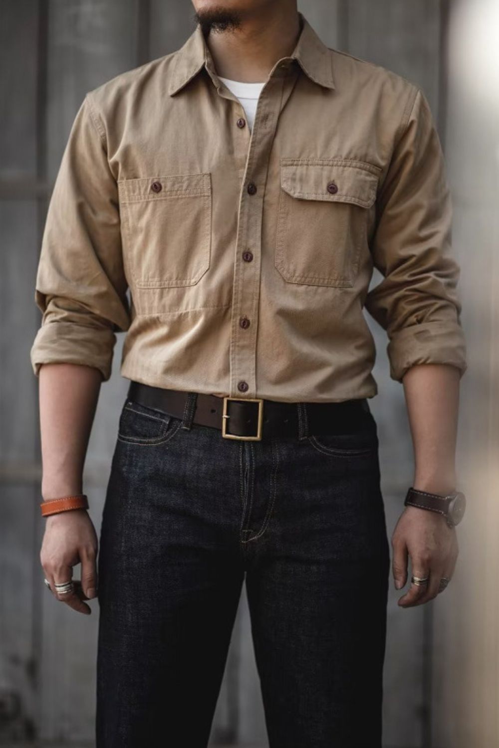 Mens Button Down Long Sleeve Shirt with Chest Pockets - aurelia-clothing-8955