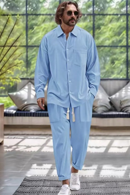 Mens Collared Neck Long Sleeve Top and Pants Set Plus Size - Free Shipping - aurelia-clothing-8955