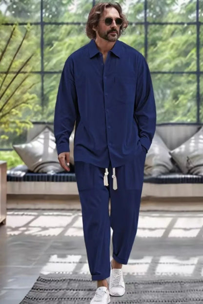 Mens Collared Neck Long Sleeve Top and Pants Set Plus Size - Free Shipping - aurelia-clothing-8955