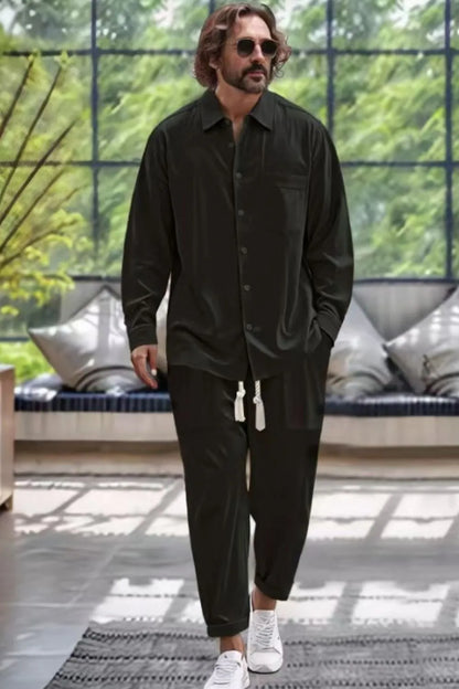 Mens Collared Neck Long Sleeve Top and Pants Set Plus Size - Free Shipping - aurelia-clothing-8955