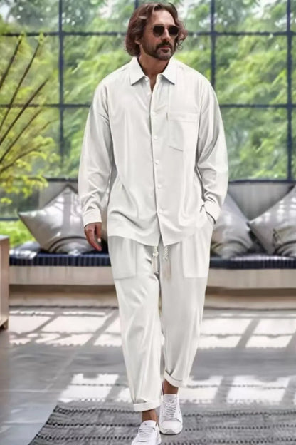 Mens Collared Neck Long Sleeve Top and Pants Set Plus Size - Free Shipping - aurelia-clothing-8955