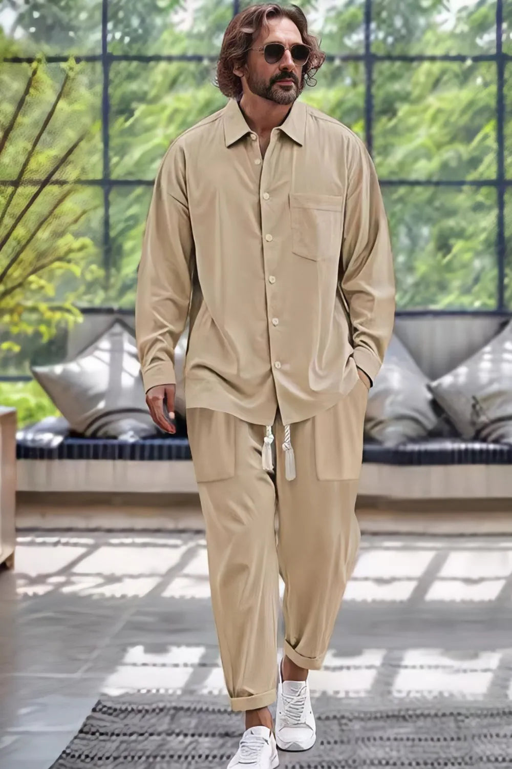 Mens Collared Neck Long Sleeve Top and Pants Set Plus Size - Free Shipping - aurelia-clothing-8955