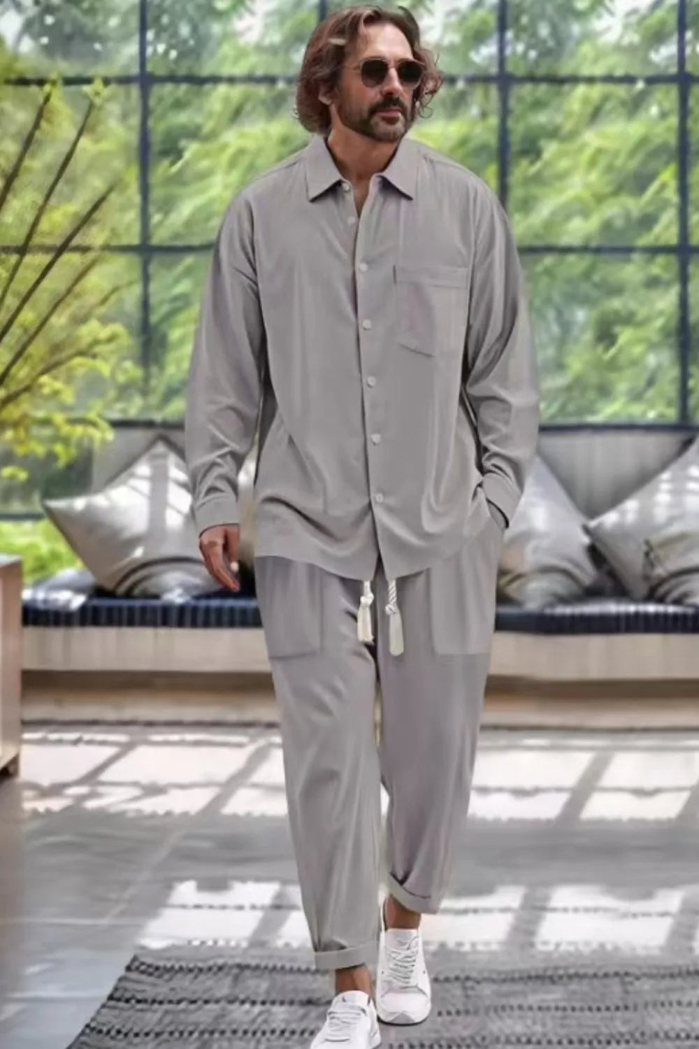 Mens Collared Neck Long Sleeve Top and Pants Set Plus Size - Free Shipping - aurelia-clothing-8955