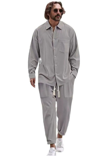 Mens Collared Neck Long Sleeve Top and Pants Set Plus Size - Free Shipping - aurelia-clothing-8955