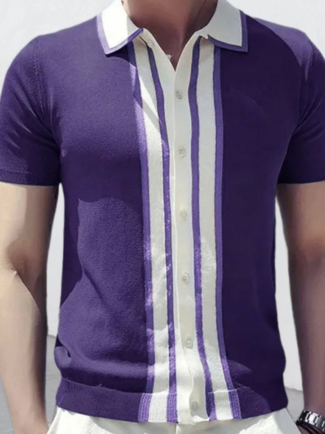 Mens Collared Neck Striped Contrast Knit Polo - aurelia-clothing-8955
