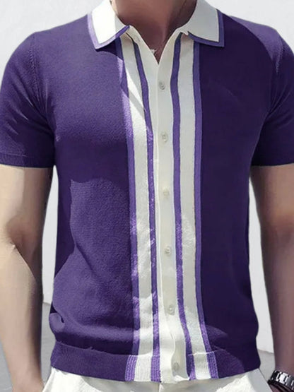 Mens Collared Neck Striped Contrast Knit Polo - aurelia-clothing-8955
