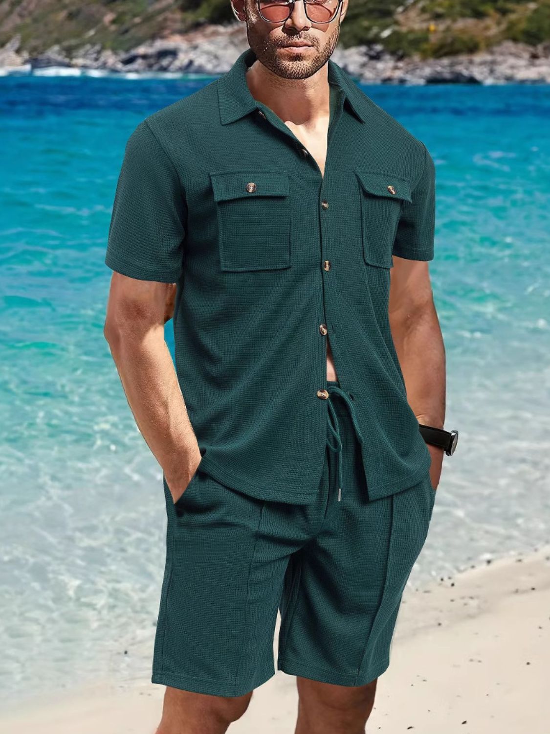 Mens Full Size Button Down Short Sleeve Top and Shorts Set Plus Size - Free Shipping - aurelia-clothing-8955