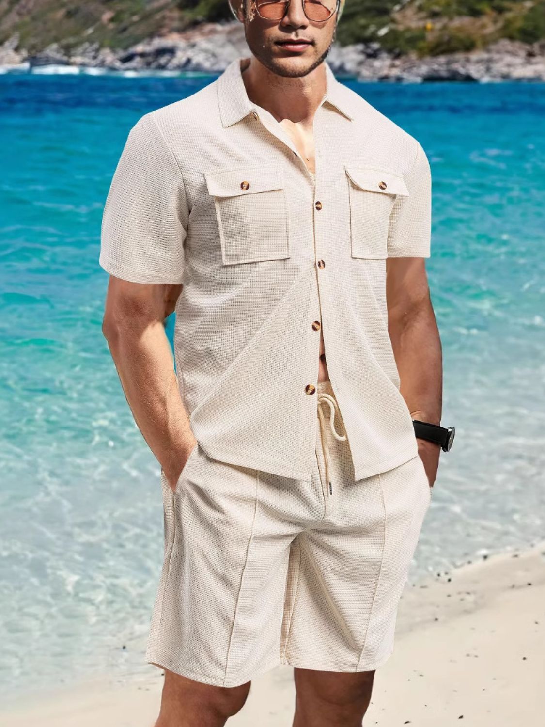 Mens Full Size Button Down Short Sleeve Top and Shorts Set Plus Size - Free Shipping - aurelia-clothing-8955
