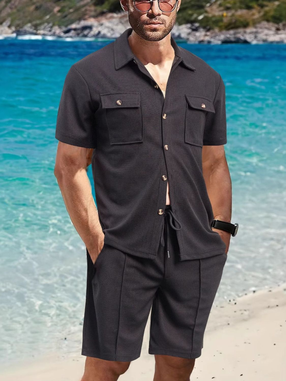 Mens Full Size Button Down Short Sleeve Top and Shorts Set Plus Size - Free Shipping - aurelia-clothing-8955