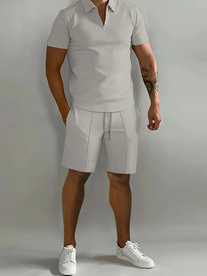 Mens Full Size Collared Neck Short Sleeve Top and Shorts Set Plus Size - Free Shipping - aurelia-clothing-8955