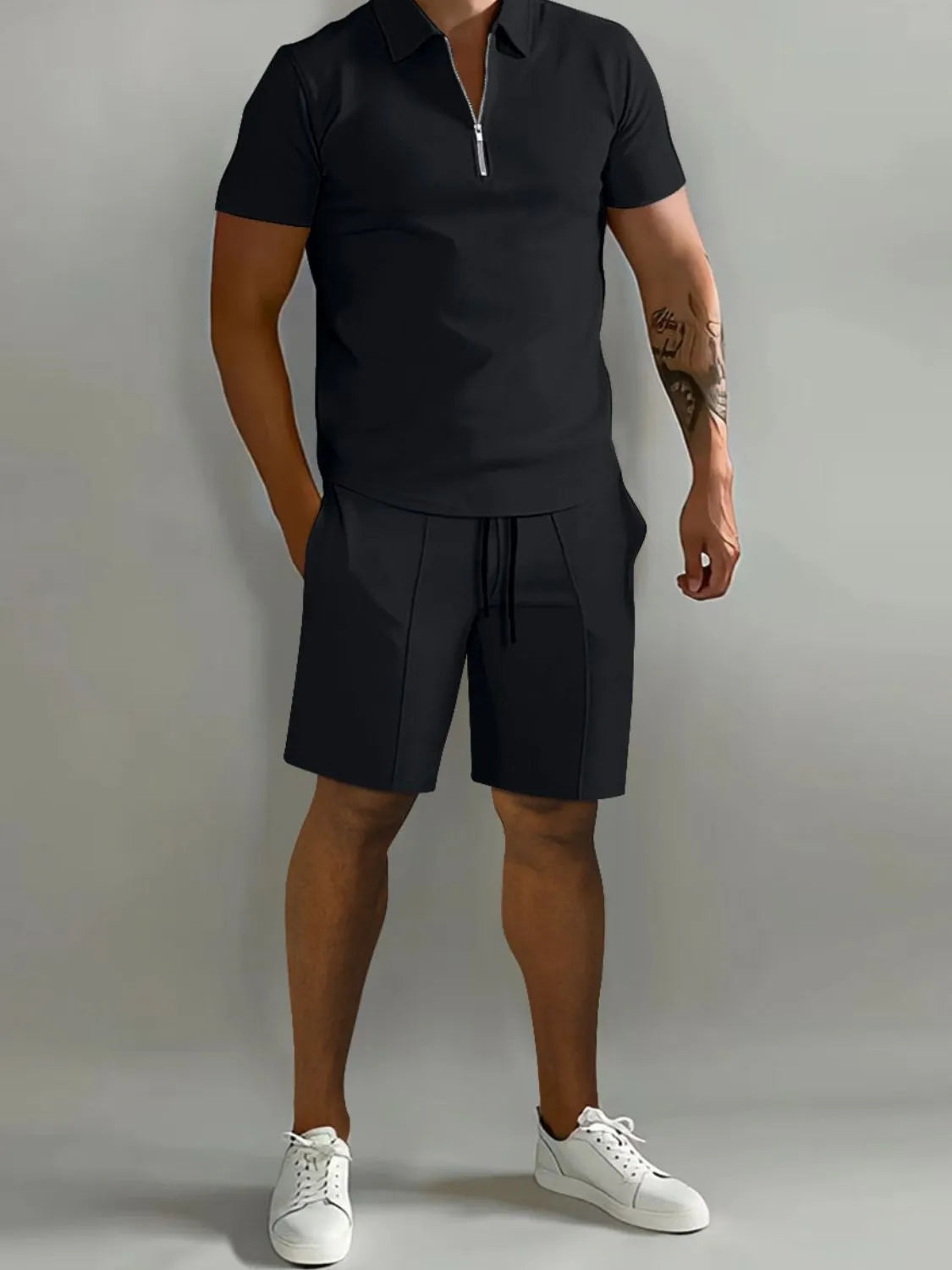 Mens Full Size Collared Neck Short Sleeve Top and Shorts Set Plus Size - Free Shipping - aurelia-clothing-8955