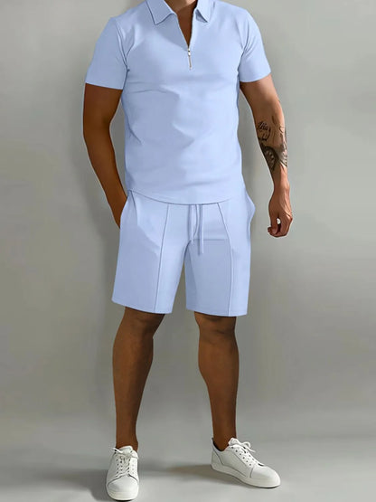 Mens Full Size Collared Neck Short Sleeve Top and Shorts Set Plus Size - Free Shipping - aurelia-clothing-8955