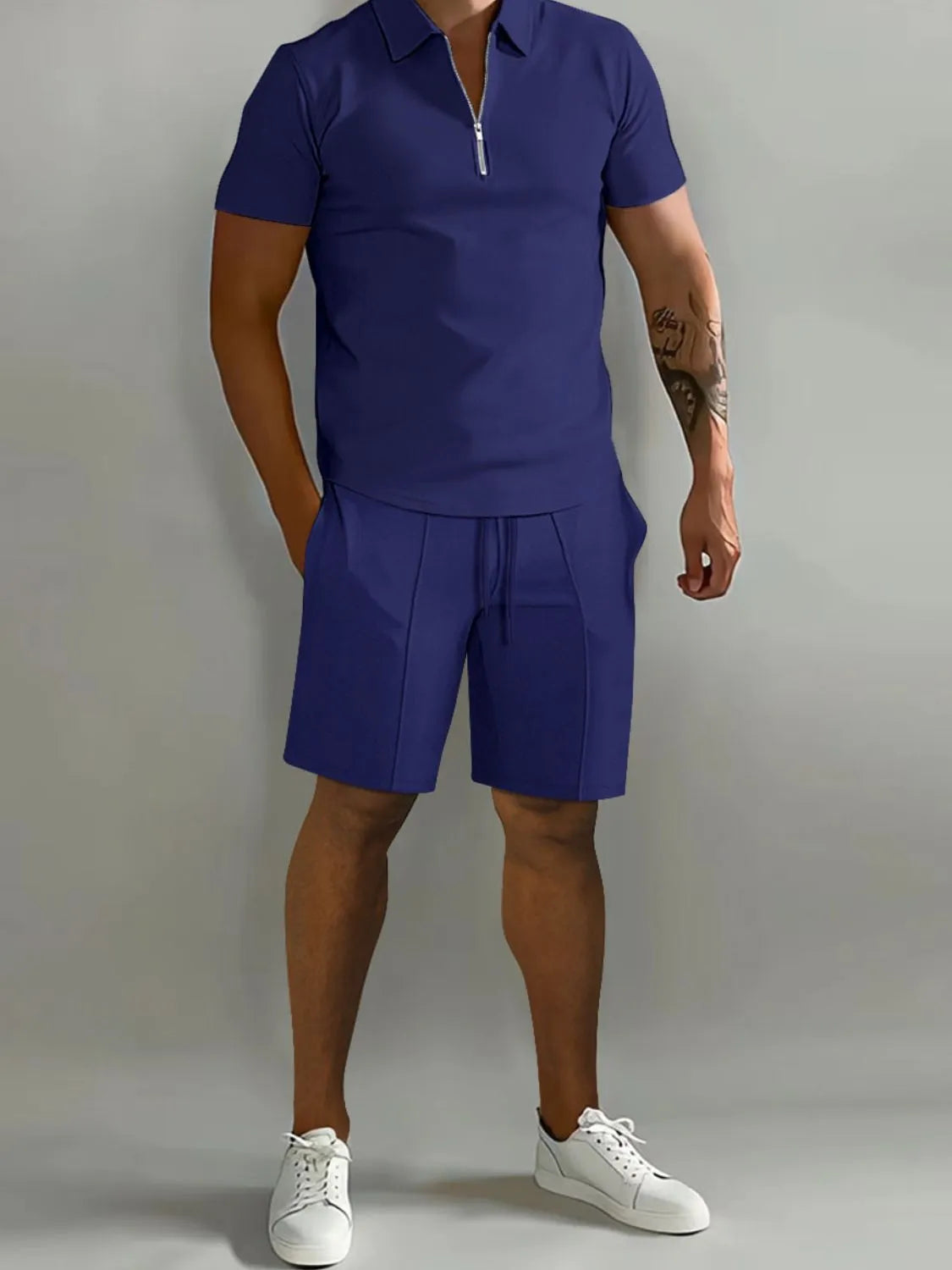 Mens Full Size Collared Neck Short Sleeve Top and Shorts Set Plus Size - Free Shipping - aurelia-clothing-8955