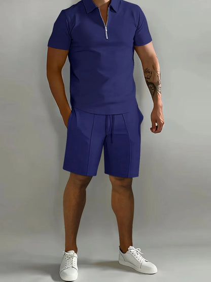 Mens Full Size Collared Neck Short Sleeve Top and Shorts Set Plus Size - Free Shipping - aurelia-clothing-8955