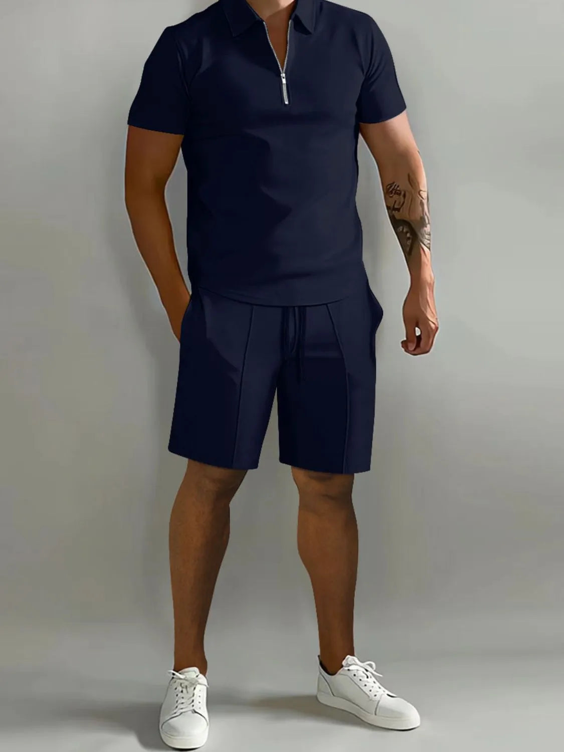 Mens Full Size Collared Neck Short Sleeve Top and Shorts Set Plus Size - Free Shipping - aurelia-clothing-8955