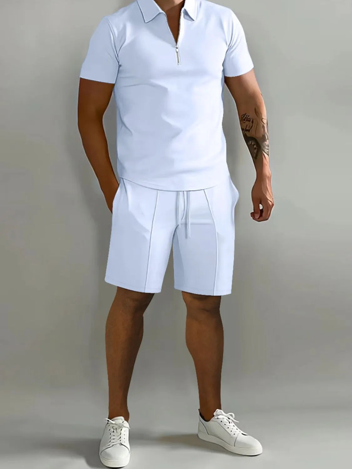 Mens Full Size Collared Neck Short Sleeve Top and Shorts Set Plus Size - Free Shipping - aurelia-clothing-8955