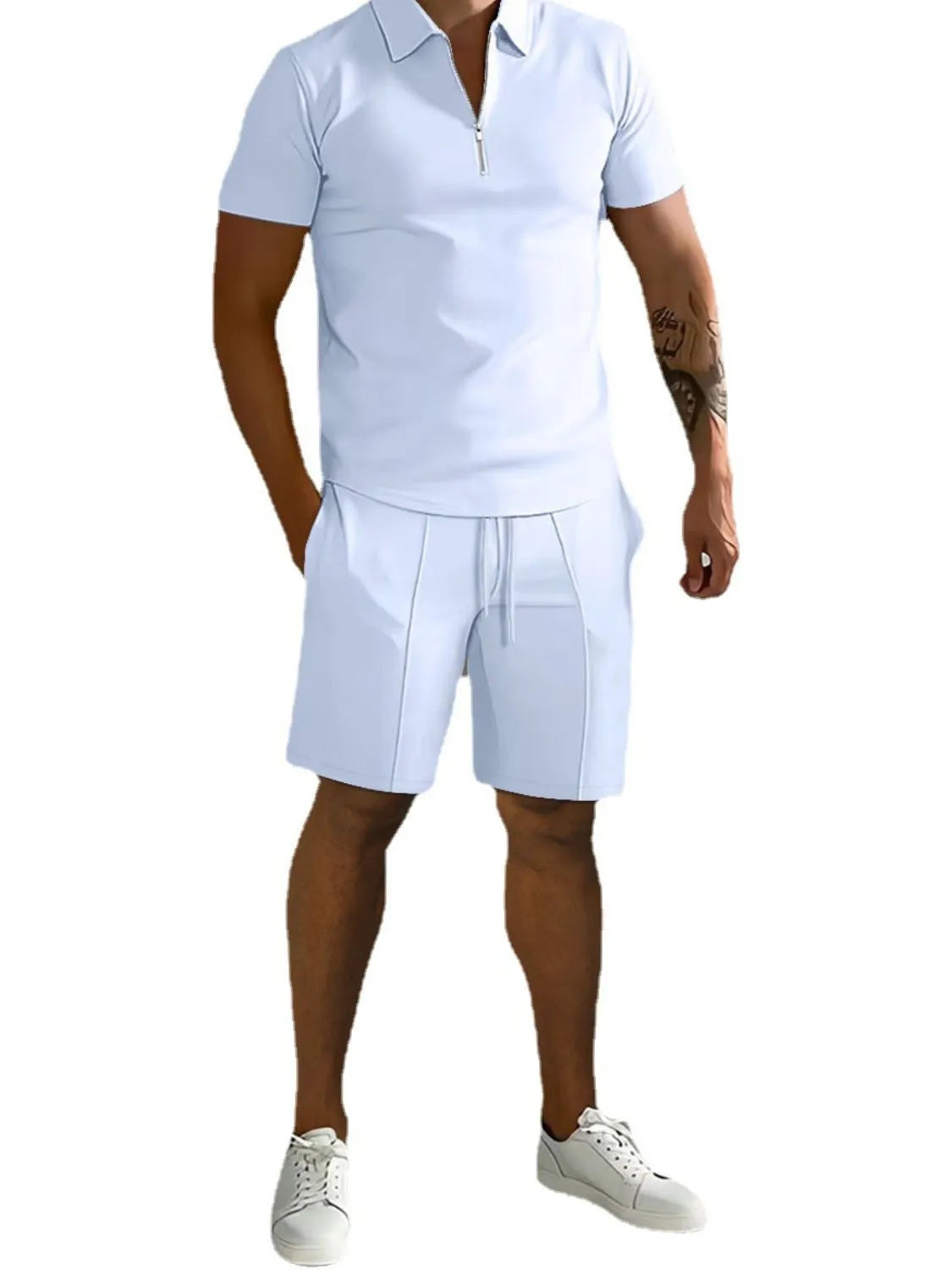 Mens Full Size Collared Neck Short Sleeve Top and Shorts Set Plus Size - Free Shipping - aurelia-clothing-8955