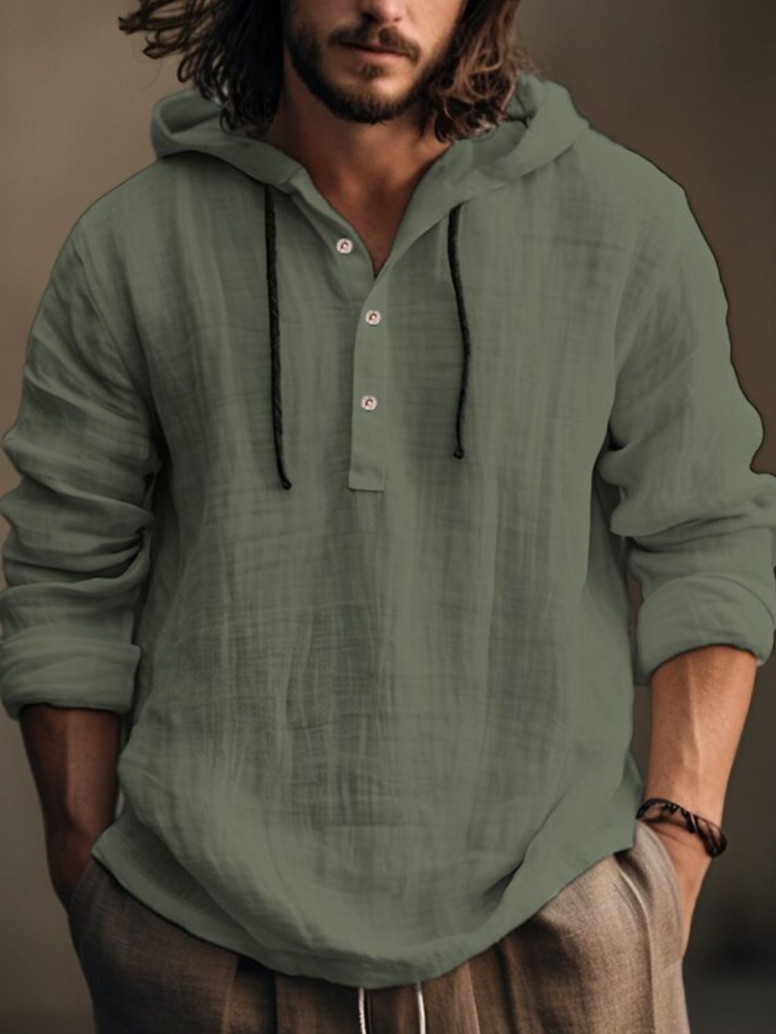 Mens Full Size Half Button Long Sleeve Hoodie - aurelia-clothing-8955