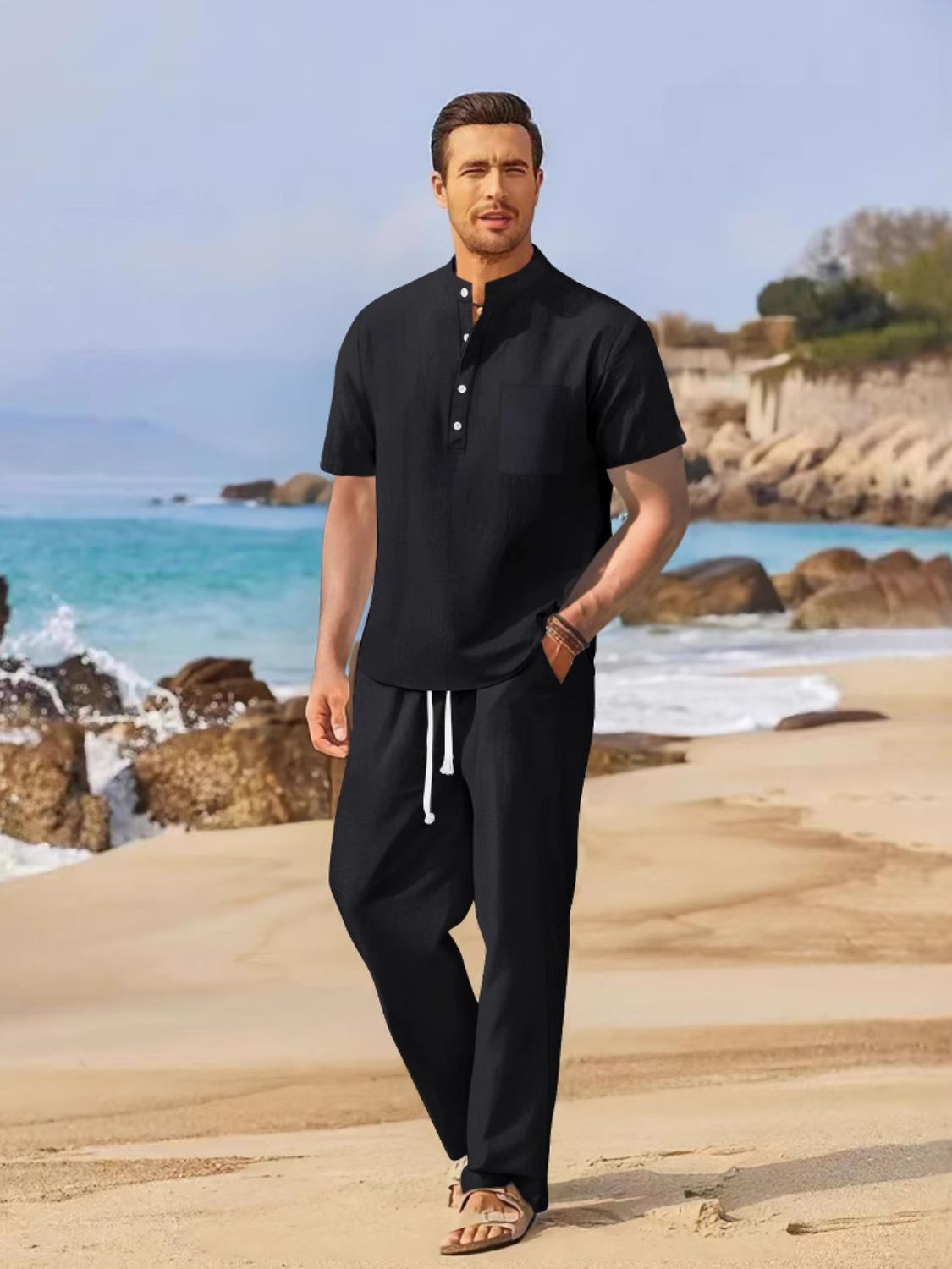 Mens Full Size Half Button Top and Drawstring Pants Set Plus Size - Free Shipping - aurelia-clothing-8955
