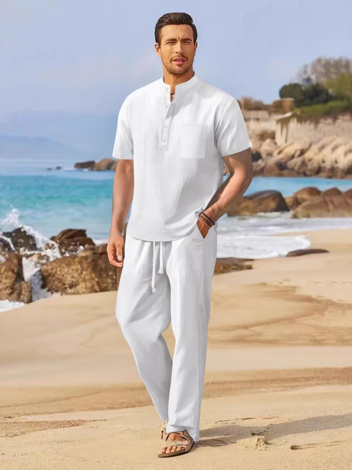 Mens Full Size Half Button Top and Drawstring Pants Set Plus Size - Free Shipping - aurelia-clothing-8955