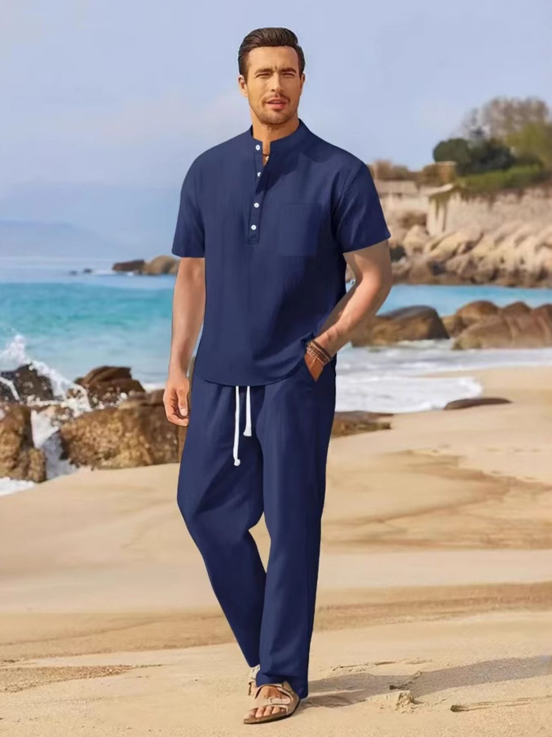Mens Full Size Half Button Top and Drawstring Pants Set Plus Size - Free Shipping - aurelia-clothing-8955