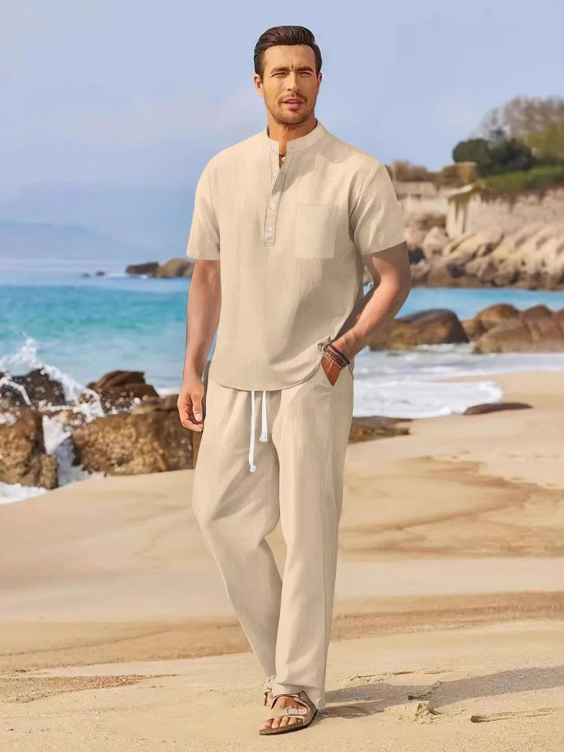 Mens Full Size Half Button Top and Drawstring Pants Set Plus Size - Free Shipping - aurelia-clothing-8955