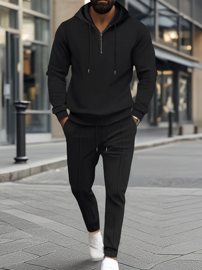 Mens Full Size Waffle-Knit Half Zipper Hoodie and Pants Set Plus Size - Free Shipping - aurelia-clothing-8955