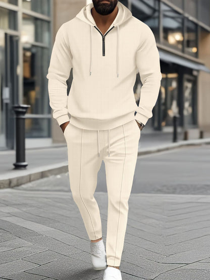 Mens Full Size Waffle-Knit Half Zipper Hoodie and Pants Set Plus Size - Free Shipping - aurelia-clothing-8955