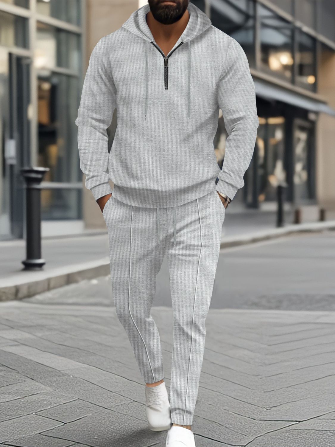 Mens Full Size Waffle-Knit Half Zipper Hoodie and Pants Set Plus Size - Free Shipping - aurelia-clothing-8955