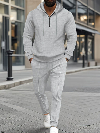 Mens Full Size Waffle-Knit Half Zipper Hoodie and Pants Set Plus Size - Free Shipping - aurelia-clothing-8955