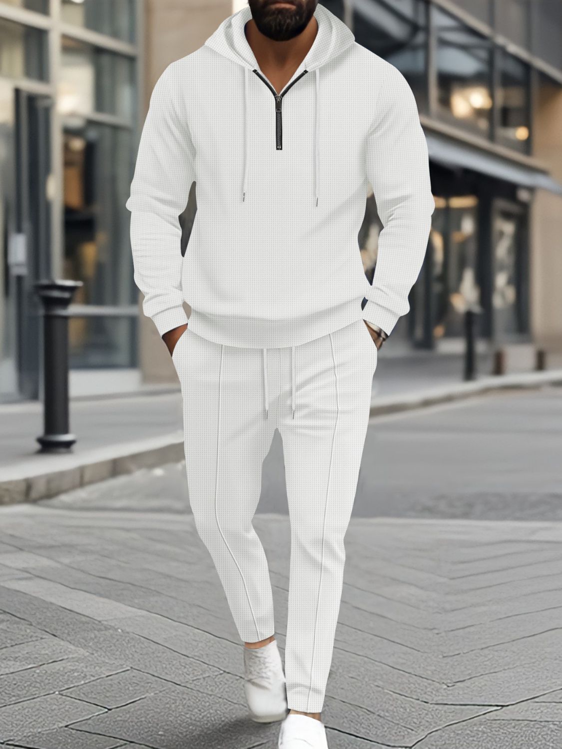 Mens Full Size Waffle-Knit Half Zipper Hoodie and Pants Set Plus Size - Free Shipping - aurelia-clothing-8955