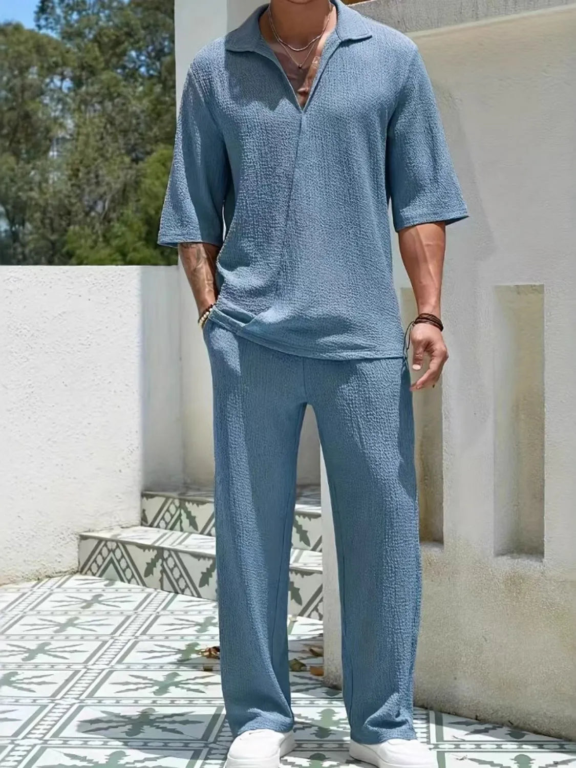 Mens Johnny Collar Half Sleeve Top and Pants Set - Free Shipping - aurelia-clothing-8955