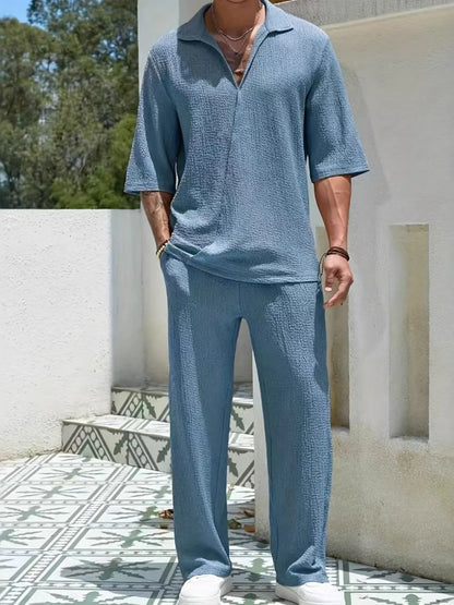 Mens Johnny Collar Half Sleeve Top and Pants Set - Free Shipping - aurelia-clothing-8955