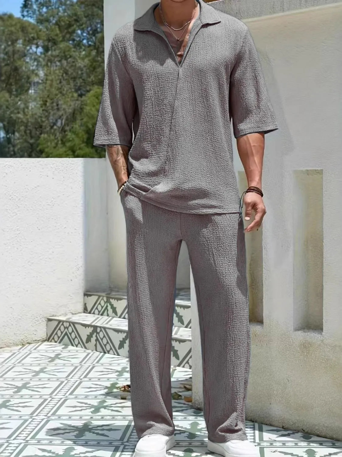 Mens Johnny Collar Half Sleeve Top and Pants Set - Free Shipping - aurelia-clothing-8955