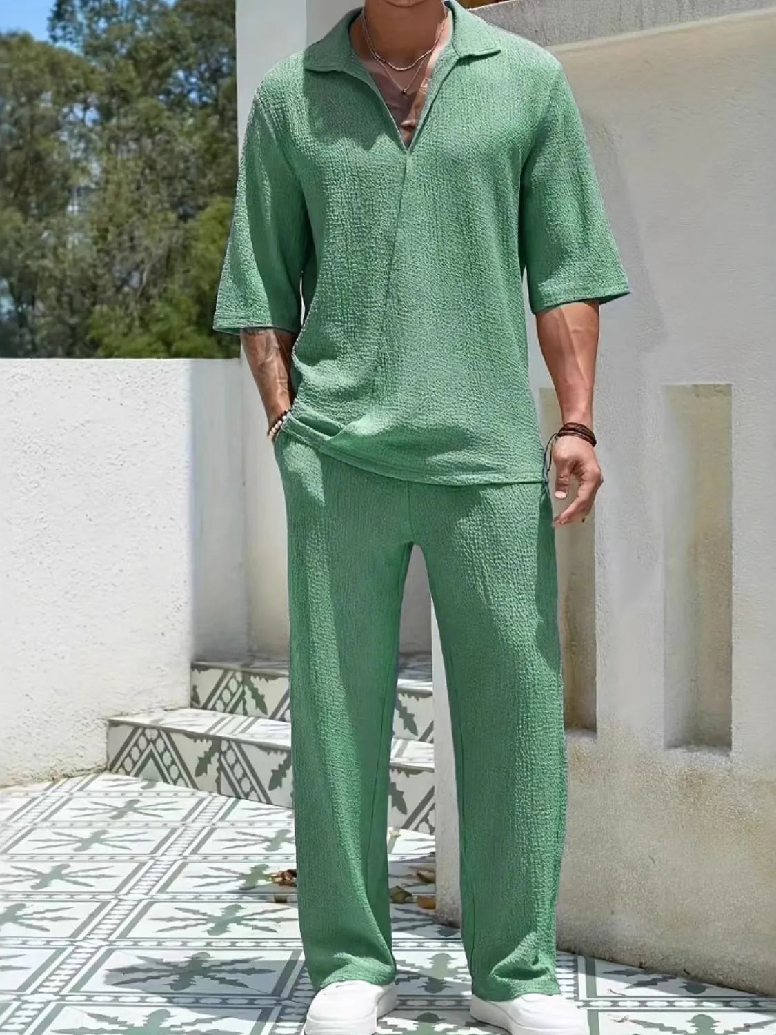 Mens Johnny Collar Half Sleeve Top and Pants Set - Free Shipping - aurelia-clothing-8955