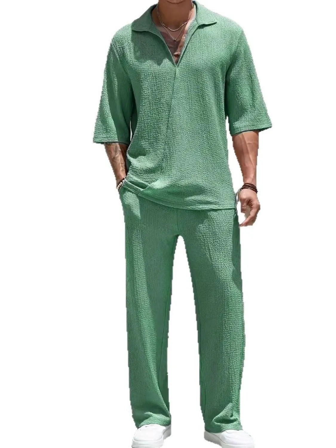 Mens Johnny Collar Half Sleeve Top and Pants Set - Free Shipping - aurelia-clothing-8955