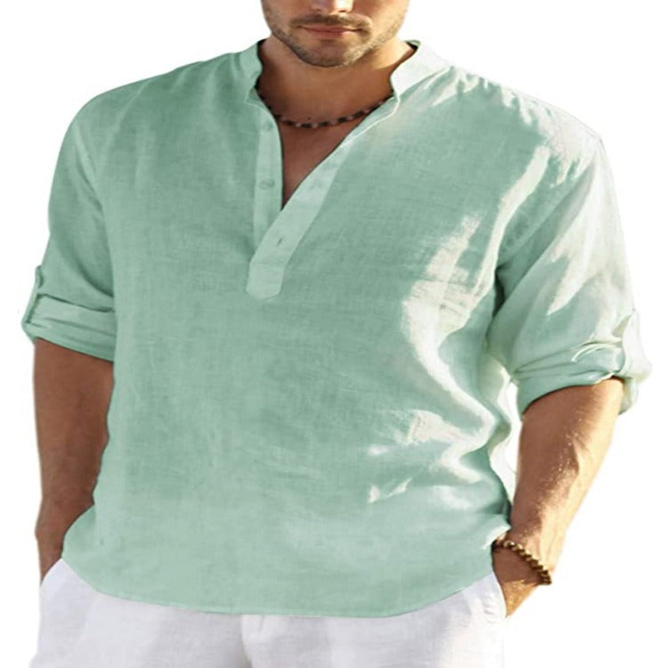 Mens Linen Long Sleeved T Shirt Loose Sweatshirt Solid Color Long Sleeved Cotton Linen Shirt Mens Large - Free Shipping - aurelia-clothing-8955