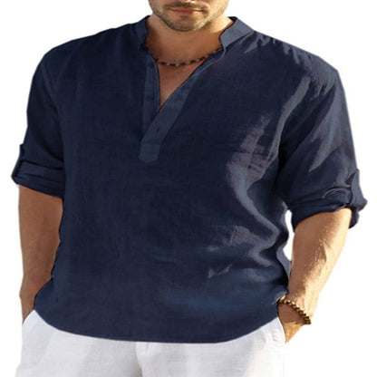 Mens Linen Long Sleeved T Shirt Loose Sweatshirt Solid Color Long Sleeved Cotton Linen Shirt Mens Large - Free Shipping - aurelia-clothing-8955