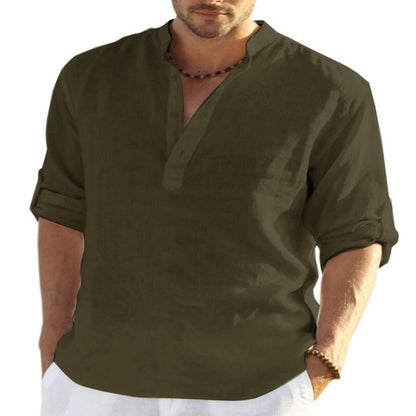 Mens Linen Long Sleeved T Shirt Loose Sweatshirt Solid Color Long Sleeved Cotton Linen Shirt Mens Large - Free Shipping - aurelia-clothing-8955