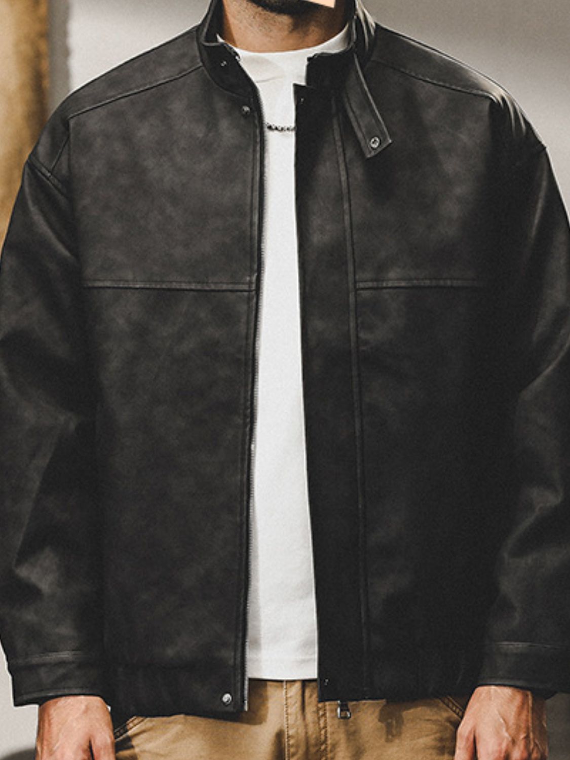 Mens Plus Size Zip Up Stand Collar Biker Jacket - aurelia-clothing-8955