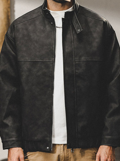 Mens Plus Size Zip Up Stand Collar Biker Jacket - aurelia-clothing-8955