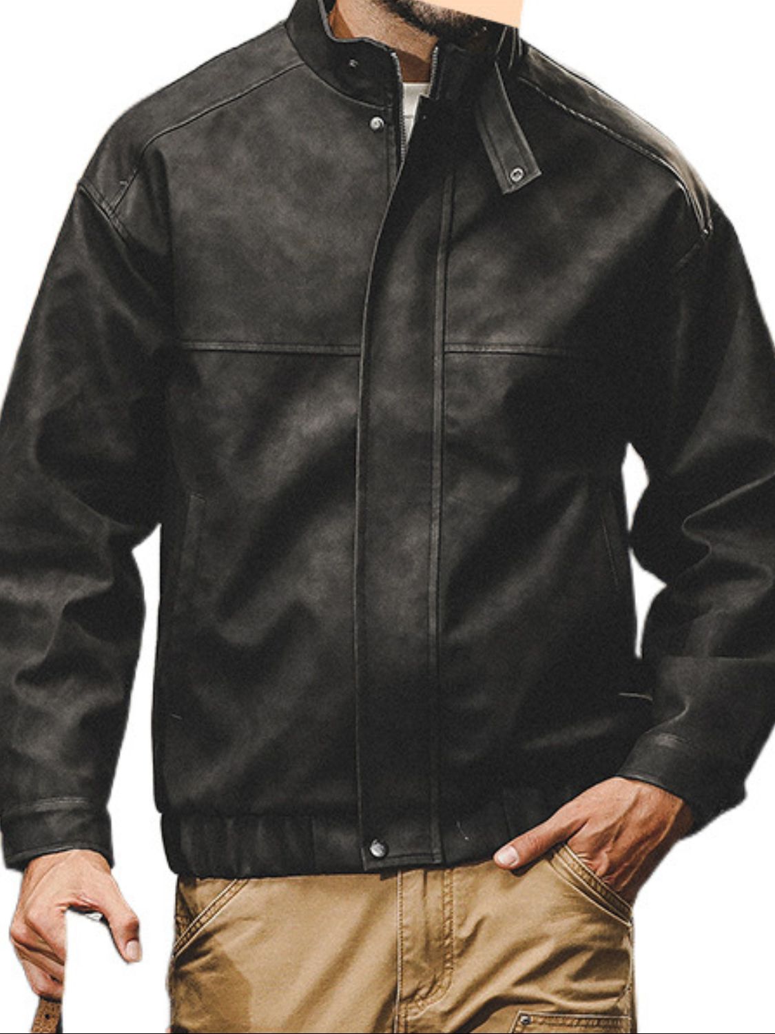 Mens Plus Size Zip Up Stand Collar Biker Jacket - aurelia-clothing-8955
